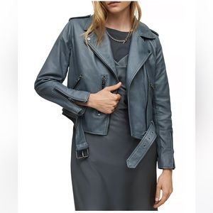 All Saints Balfern Leather Biker Jacket Bluebell Blue Belted